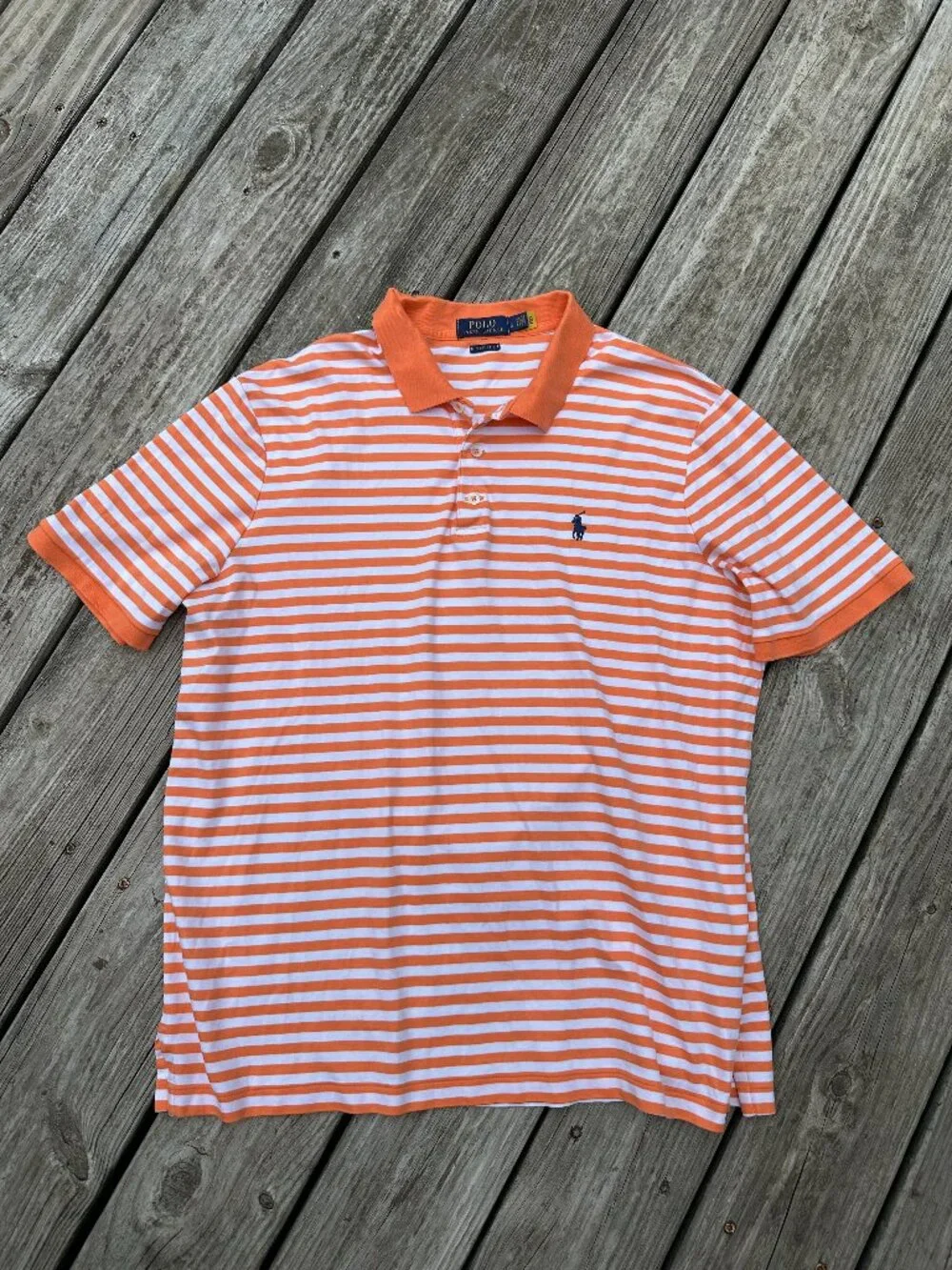 Polo Ralph Lauren Mens Large Short Sleeve Polo Classic Fit Stripes Orange Collar